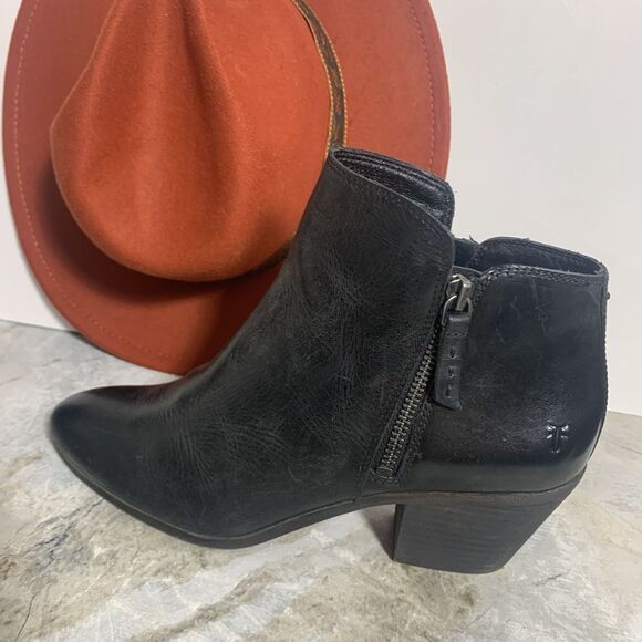 Frye Black Leather Stacked Heel Zippered Ankle Boots Women’s Size 9 M - Picture 6 of 16